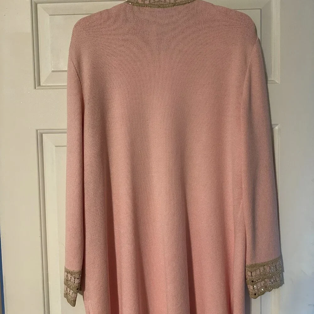 St. John Evening Pink Metallic Gold Studs Trim Topper Long Jacket - Picture 2 of 4